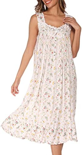 AVIIER Cotton Nightgowns for Women Sleeveless House Dress Ladies Long Nightdress with Pockets S-XXL