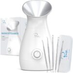 NanoSteamer Large 3-in-1 Nano Ionic Facial Steamer with Precise Temp Control - Humidifier - Unclogs Pores - Blackheads - Spa Quality - Bonus 5 Piece Stainless Steel Skin Kit (Silver)