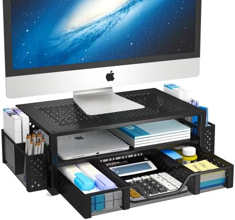 2 Tier Metal Monitor Stand Monitor riser and Computer Desk Organizer with Drawer and Pen Holder for Laptop, Computer, iMac, Black