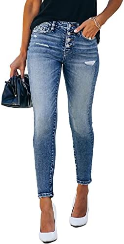 Allimy Women's High Rise Skinny Stretch Ripped Jeans High Waisted Destroyed Denim Pants