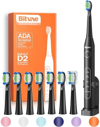 Bitvae Electric Toothbrush for Adults - Ultrasonic Electric Toothbrushes with 8 Brush Heads, ADA Accepted Power Rechargeable Toothbrush with 5 Modes, Smart Timer, Black D2
