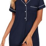 Ekouaer Women's Nightgown Button Down Nightshirt V Neck Sleepshirt Short Sleeve Sleepwear Soft Pajama Dress