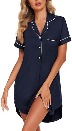 Ekouaer Women's Nightgown Button Down Nightshirt V Neck Sleepshirt Short Sleeve Sleepwear Soft Pajama Dress