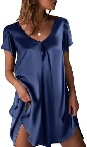 Ekouaer Women's Satin Nightgown Short Sleeve Sleepdress V-Neck Sleepwear Loose Silk Sleepshirt