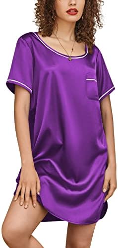 Ekouaer Women's Satin Nightgown Short Sleeve T Shirt Dress Boyfriend Casual Sleep Dress Loose Pajamas Shirt S-3XL