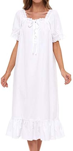 Lu's Chic Women's Victorian Nightgown Cotton Sleepwear Long Loungewear Short Sleeve Vintage