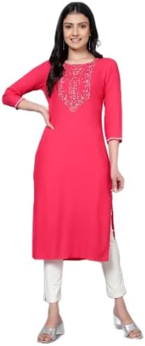 Rayon Embroidered Kurti 3/4 Sleeve Indian Style Top Round Neck Kurta for Women Festive Indian Clothing