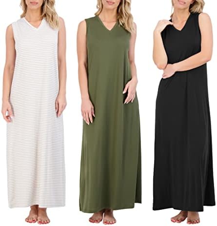 Real Essentials 3 Pack: Women's Soft Tank Nightgown Sleeveless Nightshirt Sleep Dress (Available In Plus Size)