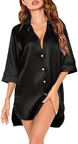 SWOMOG Women's Nightgown Satin Button Down Sleepshirt 3/4 Sleeve Nightshirt Silk Boyfriend Sleepwear