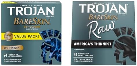 Trojan Bareskin Thin Premium Lubricated Condoms - 24 Count & BareSkin Raw Thin Condoms, Lubricated Condoms for Men, America’s Number One Condom Brand, 24 Count Pack
