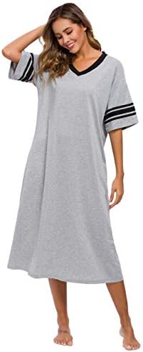 Womens Nightgown V Neck Knit Long Sleepwear Short Sleeve Soft Loungewear with Pockets S-XXL