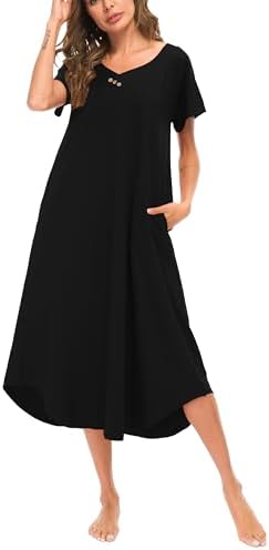 YOZLY Nightgowns for Women Soft V Neck Nightshirts Short Sleeve House Dress with Pockets S-XXL