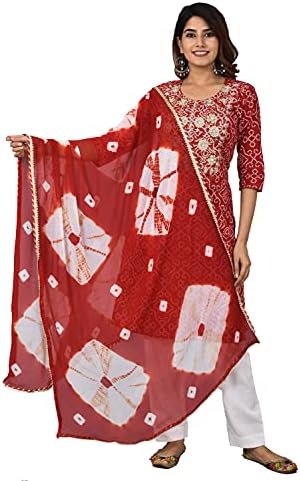 vrnda Indian Cotton Straight Bandhej Printed Red Kurti Pant and Dupatta Set for Women